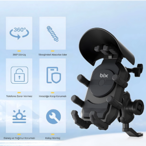 Ayna Bağlantılı Güneş Ve Yağmur Korumalı 360° Derece Ayarlanabilir Motosiklet Telefon Tutucu