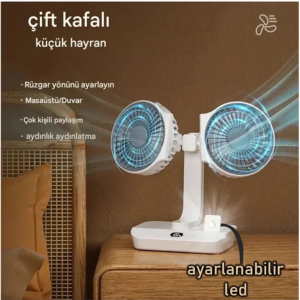 Masaüstü Dijital Ekranlı Çift Fanlı Led Işıklı Soğutucu Fan Ev Ofis Şarjlı Vantilatör