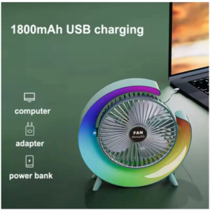 Masaüstü Vantilatör Usb Şarjlı Rgb Led Işıklı 3 Kademeli 180° Ayarlanabilir Soğutucu Fan Mavi