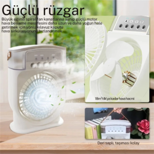 Şarjlı 600 Ml Su Hazneli Taşınabilir Masaüstü Vanilatör  Güçlü Fan Ve 2000 Mah Pil Beyaz