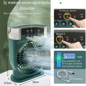 Şarjlı 600 Ml Su Hazneli Taşınabilir Masaüstü Vanilatör  Güçlü Fan Ve 2000 Mah Pil Beyaz