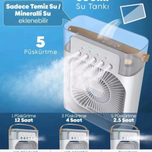 Taşınabilir Işıklı 5 Spreyli Vantilatör Buzlu Buharlı Vantilatör Mini Fan Nemlendirici