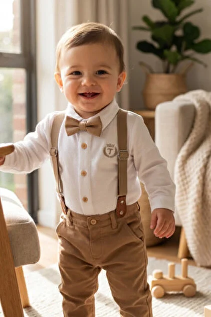 Erkek Bebek Desenli Zıbın Gömlek Bayramlık Salopet Takım