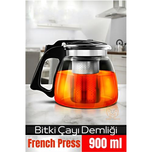 Turk Süzgeçli French Press Cam Demlik 900 Ml Bitki Çayı Demliği