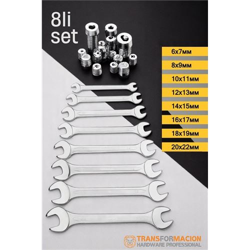 Turk Açık Uçlu Anahtar Seti - İki Ağızlı Anahtar - İki Ucu Açık Vanadium Çelik Anahtar 8 li SET