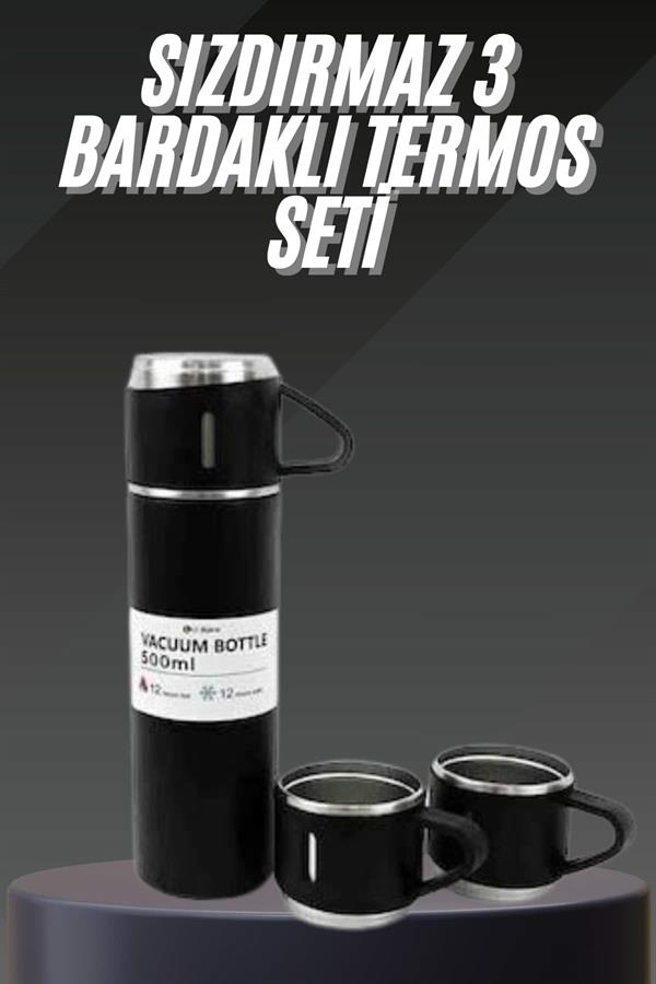Termos Seti Paslanmaz Çelik 3 Bardaklı Vakumlu Termos Set 500 Ml 12 Saate Kadar Isı Koruma - Görsel 2