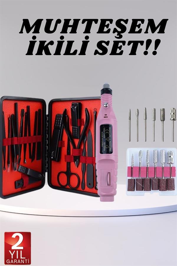 Elektrikli Manikür Pedikür Seti İkili Set 17 Parça Tırnak Bakımı Nasır Temizleme Tırnak Şekillendirme - Görsel 2