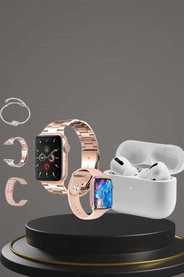 3 Kordonlu Pembe Amoled Ekran Akıllı Saat ve Yeni Nesil Pro Kablosuz Bluetooth Kulaklık ANC/ENC - Görsel 3