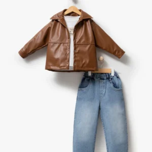 Deri Ceketli Bayramlık & Hediyelik 3'lü Erkek Çocuk Takımı