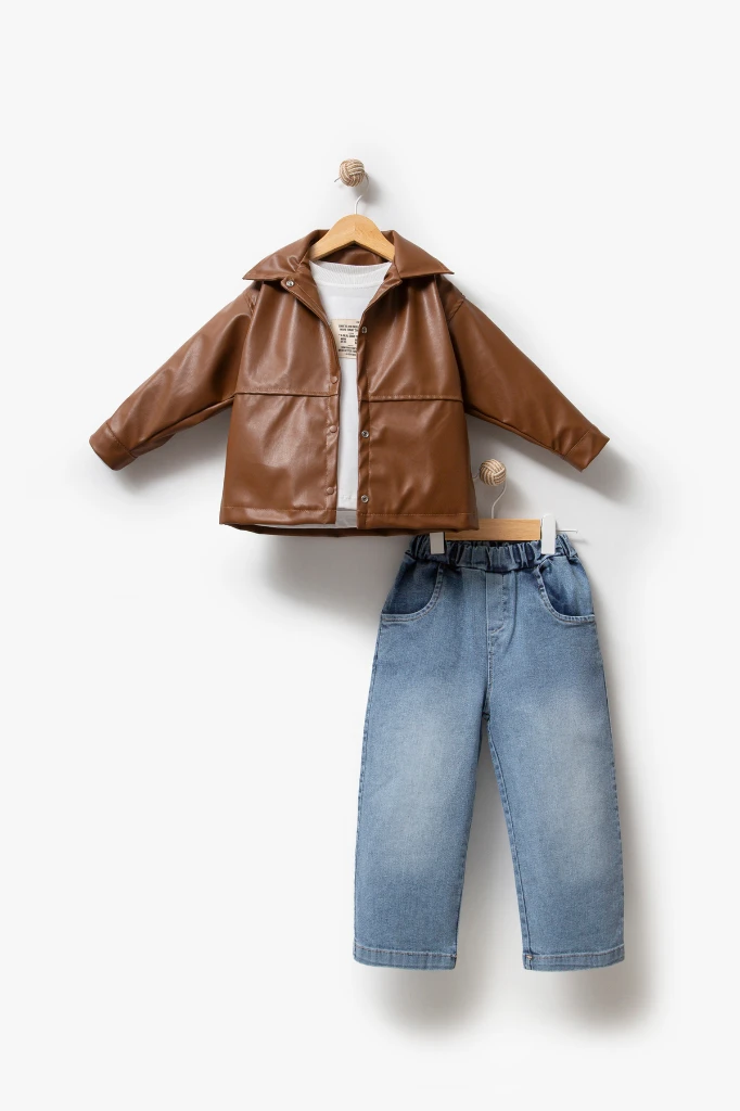 Deri Ceketli Bayramlık & Hediyelik 3'lü Erkek Çocuk Takımı - Görsel 3