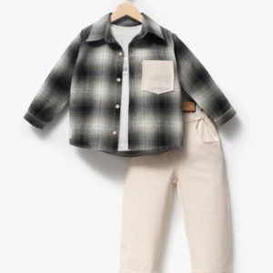 Ekose Gömlekli & Cep Detaylı Erkek Çocuk 3'lü Mevsimlik Takım