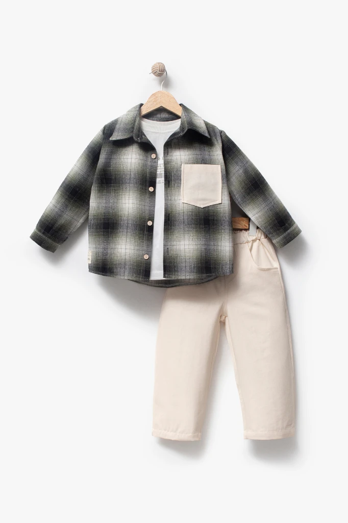 Ekose Gömlekli & Cep Detaylı Erkek Çocuk 3'lü Mevsimlik Takım - Görsel 2