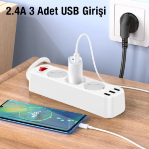 HOCO NS2 3'lü Priz 3 USB 4000W 1.8 Metre Şarj Uzatma Kablosu Akım Korumalı-(5775)