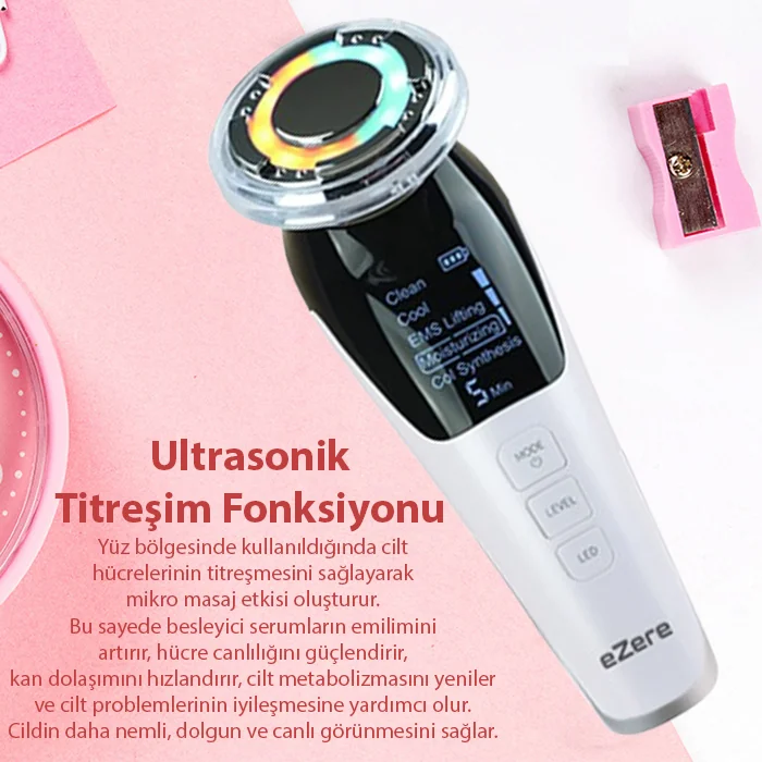 EZERE D818 Şarjlı Soğuk-Sıcak Kompresli Gerdirme Nemlendirme Kolajen Sentezli Ems Cilt Bakım Cihazı-(5775) - Görsel 3