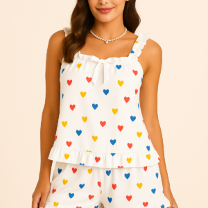 Kalp Baskılı Yumuşak Dokulu İp Askılı Şortlu Örme Pijama Takımı-(17952)