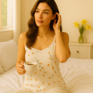 Kadın Beyaz İp Askılı Çiçek Desenli Pijama Takımı-(17952)